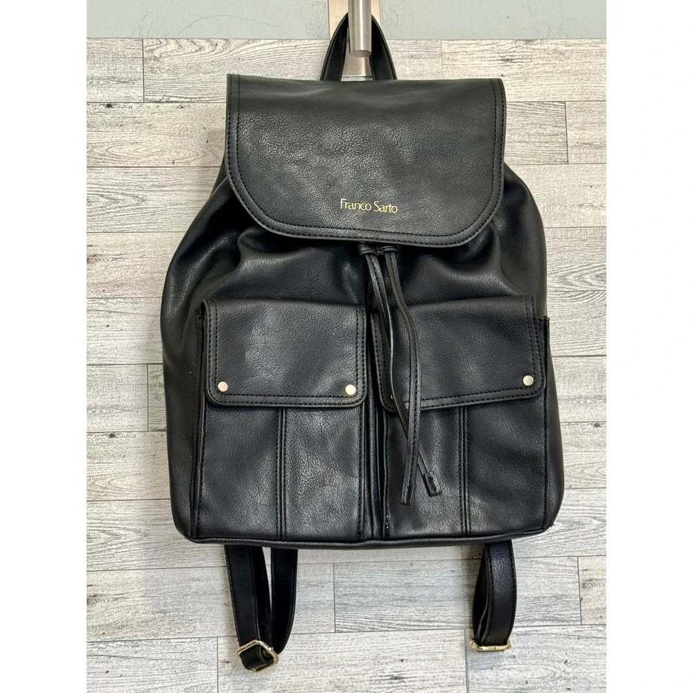 Franco Sarto Joslyn Black Vegan Leather Drawstring Backpack Gold Hardware Bag